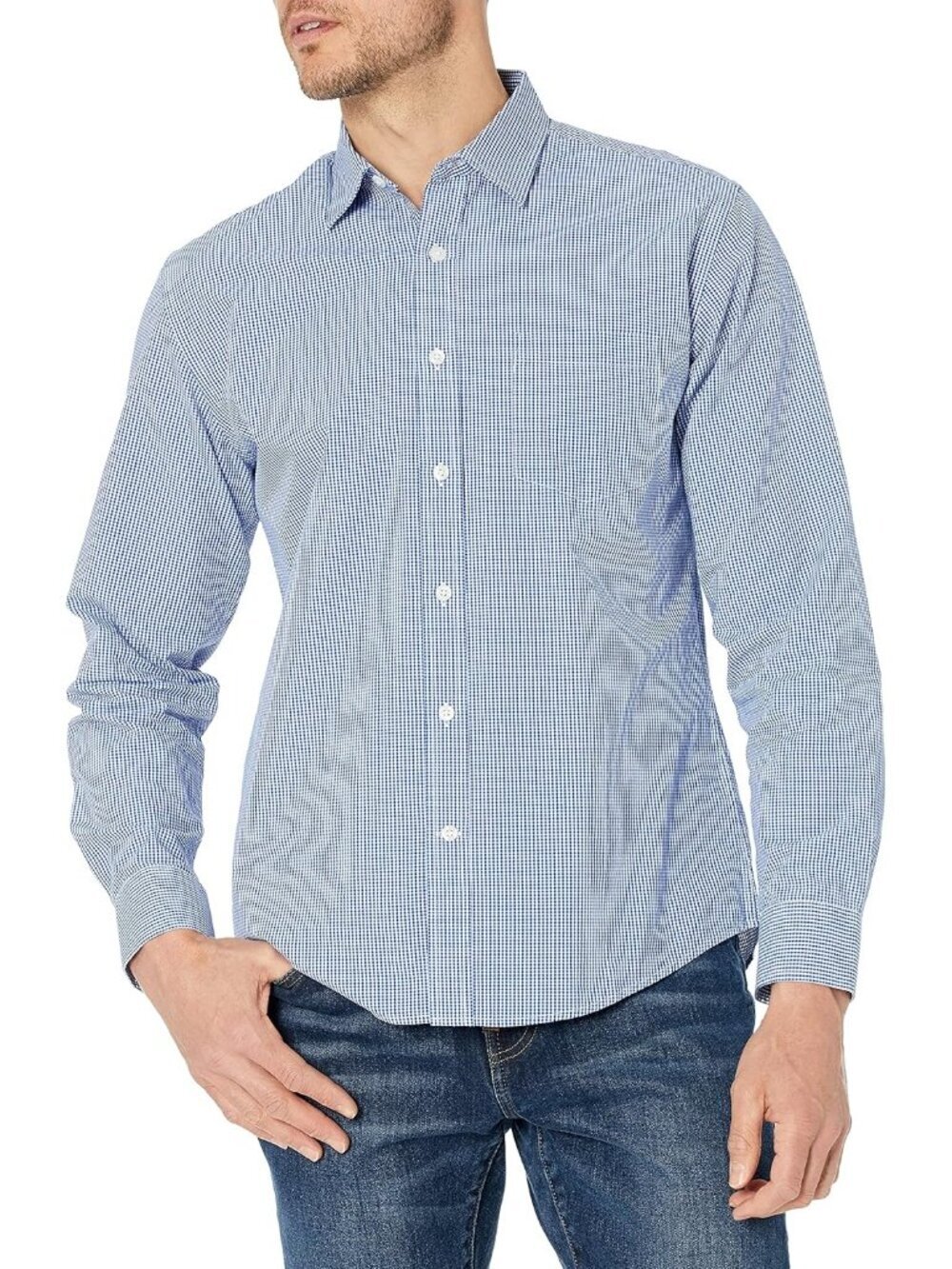 Men's Blue Gingham 100% Cotton Imported Long-Sleeve Casual Poplin Shirt